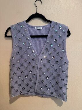 Zara Lavender Sequin Embellished Knit Vest Coachella Vibes